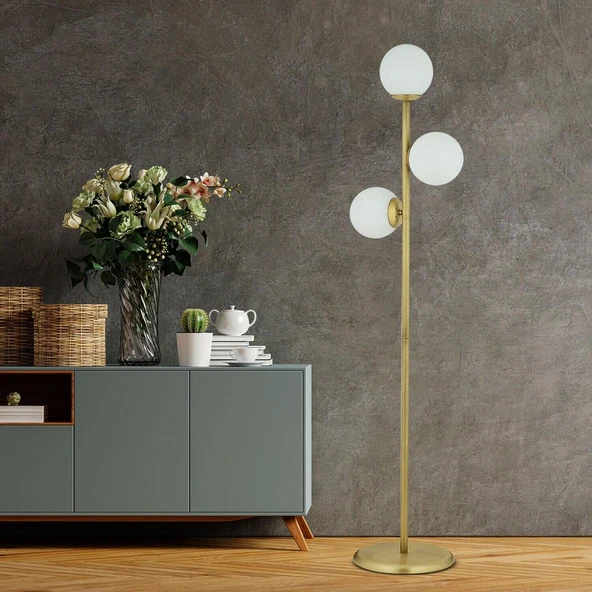 Zambak 3 Lü Eskitme Beyaz Camlı Modern Dekoratif Tasarım Metal Lambader - Resim 2