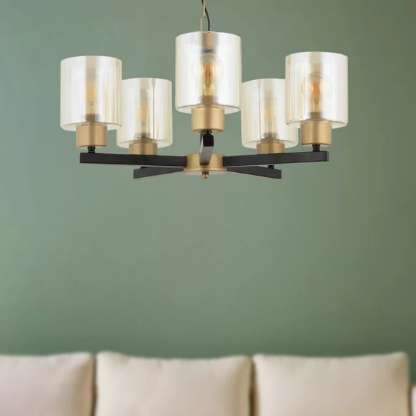 Apliqa Jade 5 Li Avize Eskitme Siyah Boyalı Bal Camlı Modern Genç Odası Yatak Odası Retro Salon Avize ürün görseli