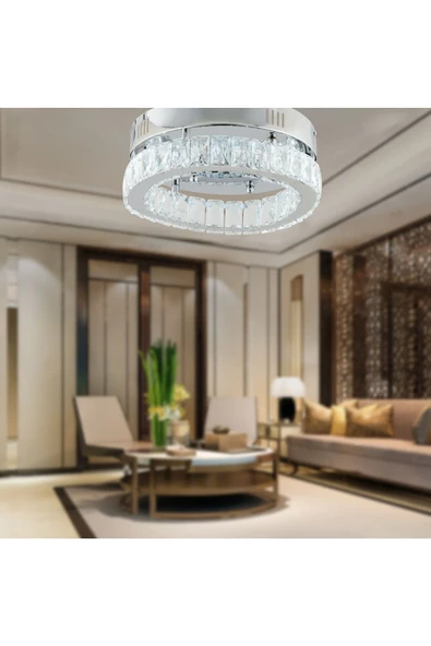 Apliqa Ardenia Tekli Krom Ledli 3 Renkli  Kristalli Taşlı Modern Tasarım Led Kristal Salon Avize