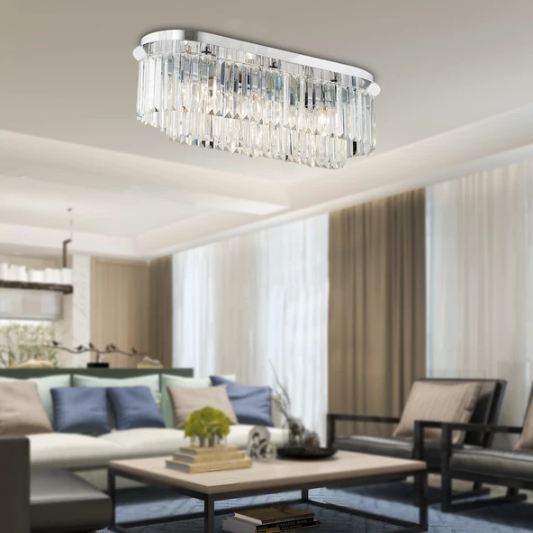 Nilüfer Dikdörtgen Krom Kristalli, Taşlı Modern Tasarım Yemek Masası Üstü, Kristal Salon Avize ürün görseli 1