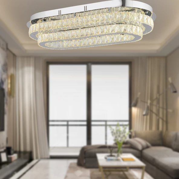 Apliqa Valeria 2 Katlı Elips Plafonyer Elips Ledli 3 Renkli  Kristalli Taşlı Modern Tasarım Led Kristal Salon Avize