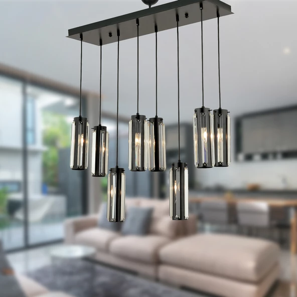 Apliqa Natali 8 Li Sıralı Siyah Salon- Modern Tasarım Yemek Masası Üstü Salon Sarkıt Avize ürün görseli