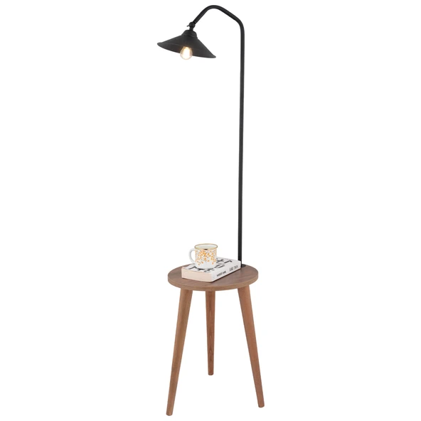 Clifferd Siyah Başlıklı Ahşap Sehpalı Modern  Ayaklı Abajur Lamba Ahşap Lambader - Resim 2