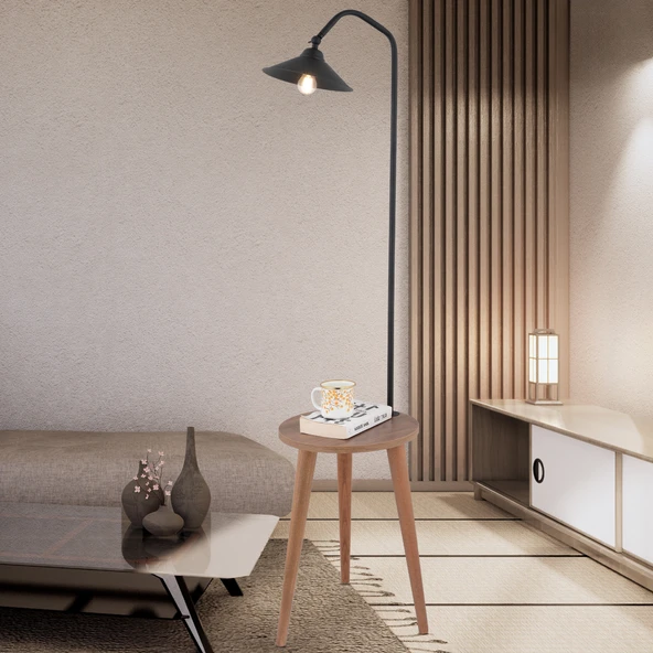 Clifferd Siyah Başlıklı Ahşap Sehpalı Modern  Ayaklı Abajur Lamba Ahşap Lambader ürün görseli 1