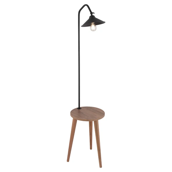Clifferd Siyah Başlıklı Ahşap Sehpalı Modern  Ayaklı Abajur Lamba Ahşap Lambader - Resim 3