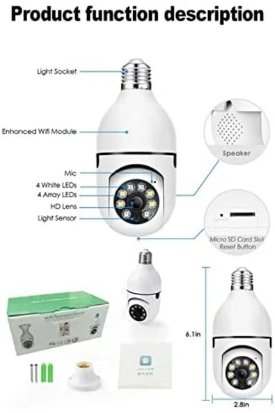 Raynox 1080P Kablosuz WiFi E27 Ampul Kamera 360 Derece Hareket Algılama, İki Yönlü Ses ve Alarm - 2
