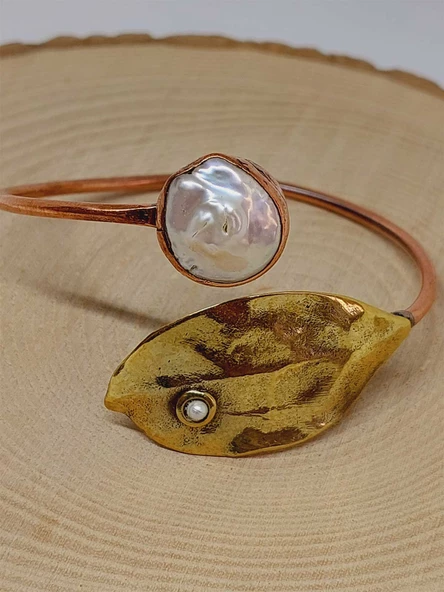 İnci Taşı Yaprak Motifli Bakır Bileklik (52584) - Resim 3