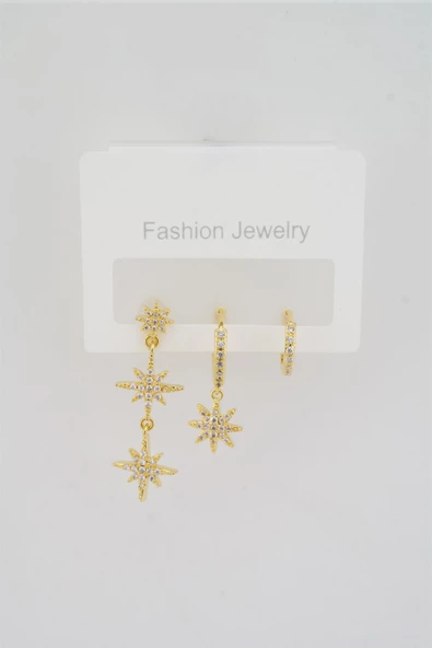 Kadın Kararmaz Altın Kaplama 3'lı Zirkon Set Küpe ürün görseli