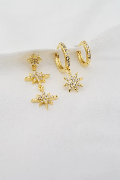 Kadın Kararmaz Altın Kaplama 3'lı Zirkon Set Küpe - Resim 2