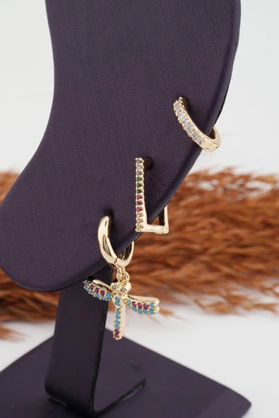 Kadın Altın Kaplama Kararmaz Yusufcuk Figürlü  3'lü Zirkon Set Küpe - Resim 3