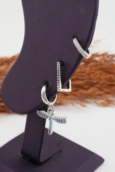 Kadın Altın Kaplama Kararmaz Yusufcuk Figürlü  3'lü Zirkon Set Küpe - Resim 2