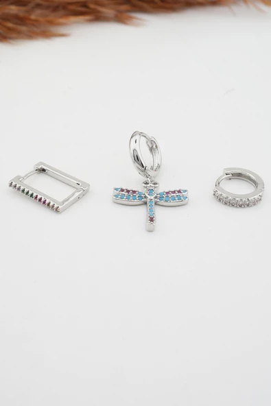 Kadın Altın Kaplama Kararmaz Yusufcuk Figürlü  3'lü Zirkon Set Küpe - Resim 3