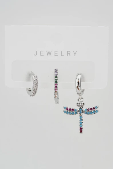 Kadın Altın Kaplama Kararmaz Yusufcuk Figürlü  3'lü Zirkon Set Küpe - Resim 4