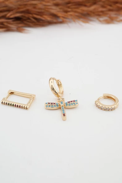 Kadın Altın Kaplama Kararmaz Yusufcuk Figürlü  3'lü Zirkon Set Küpe - Resim 2