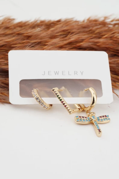 Kadın Altın Kaplama Kararmaz Yusufcuk Figürlü  3'lü Zirkon Set Küpe ürün görseli