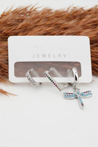 Kadın Altın Kaplama Kararmaz Yusufcuk Figürlü  3'lü Zirkon Set Küpe ürün görseli