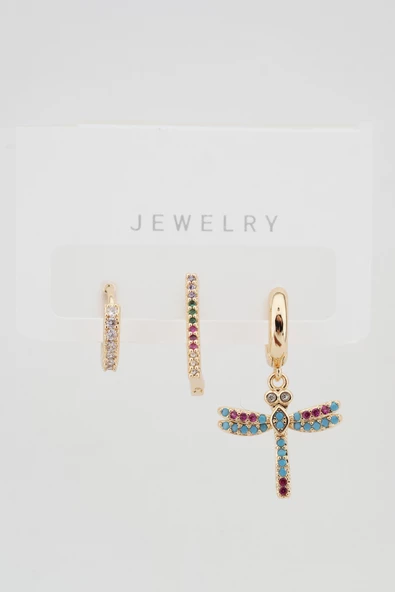 Kadın Altın Kaplama Kararmaz Yusufcuk Figürlü  3'lü Zirkon Set Küpe - Resim 4