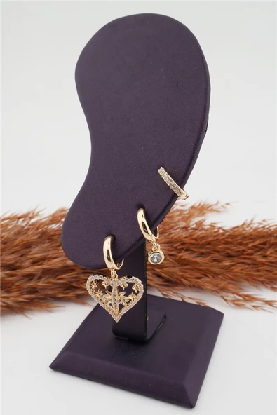 Kadın Kararmaz  Kalp Detaylı Zirkon Küpe Set - Resim 2