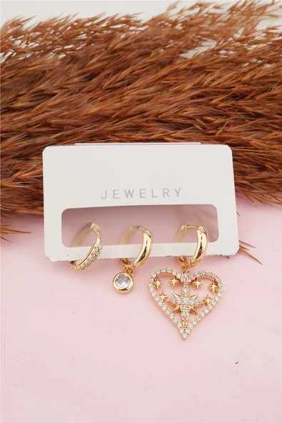 Kadın Kararmaz  Kalp Detaylı Zirkon Küpe Set ürün görseli