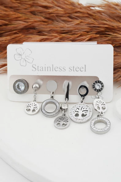 Kadın Kararmaz 6'lı  Hayat Ağacı Detaylı Çelik  Set Küpe ürün görseli