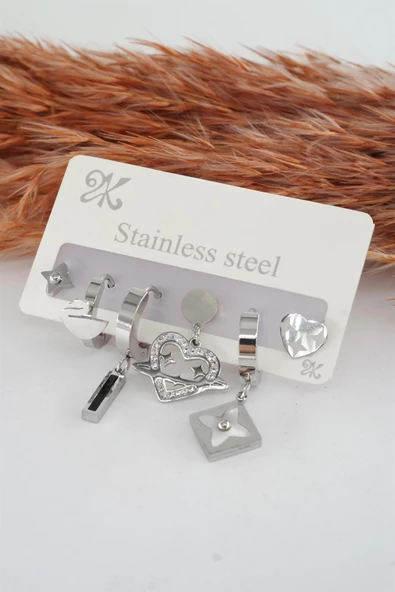 Kadın Kararmaz 6'lı Kuzey Yıldızı ve Kalp Detaylı Çelik  Set Küpe ürün görseli