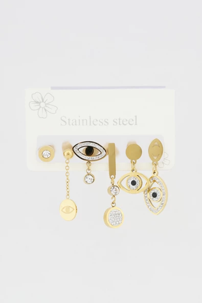 Kadın Kararmaz 6'lı Göz Detaylı Çelik  Set Küpe ürün görseli