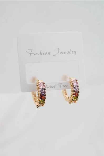 Kadın Altın Kaplama Renkli Baget Zirkon Taşlı 2'li Küpe ürün görseli