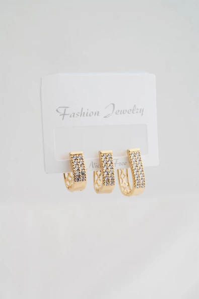 Kadın Altın Kaplama Zirkon Taşlı Figürlü 3 Boy Küpe Seti ürün görseli