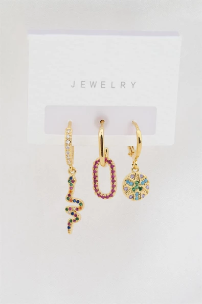 Kadın Altın Kaplama Renkli Zirkon Taşlı Yılan Model 3'lü Küpe Set ürün görseli