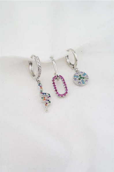 Kadın Altın Kaplama Renkli Zirkon Taşlı Yılan Model 3'lü Küpe Set ürün görseli