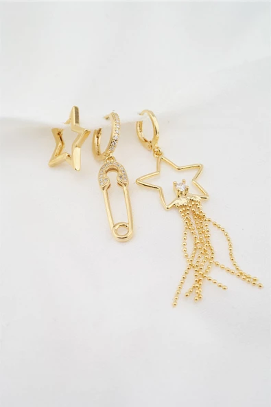 Kadın Altın Kaplama Zirkon Taşlı Yıldız Model ve Zincirli 3'lü Küpe Set ürün görseli