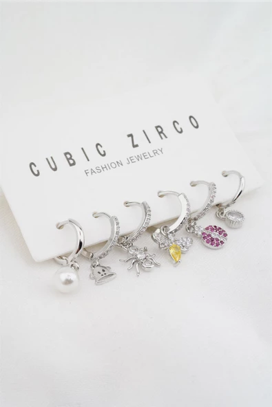 Kadın Altın Kaplama Zirkon Taşlı Karışık Figürlü 6'lı Küpe Set ürün görseli