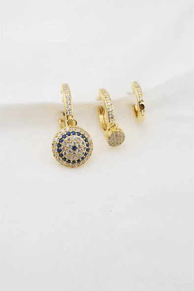 Kadın Altın Kaplama Zirkon Taşlı Nazar Figürlü 3'lü Küpe Seti ürün görseli