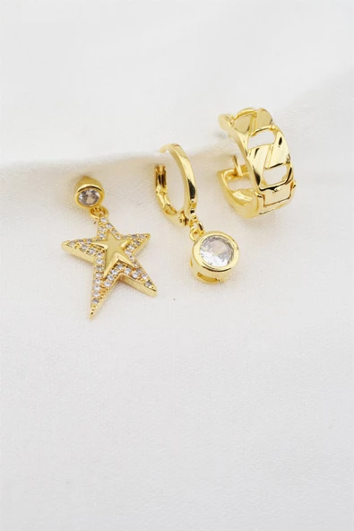Kadın Altın Kaplama Zirkon Taşlı Yıldız Figürlü 3'lü Küpe Seti - Resim 2