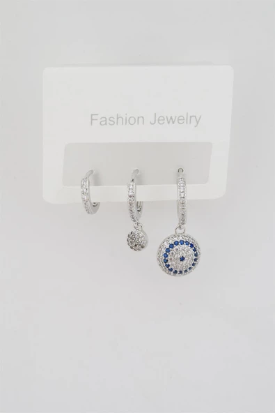 Kadın Altın Kaplama Zirkon Taşlı Nazar Figürlü 3'lü Küpe Seti ürün görseli