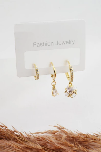 Kadın Altın Kaplama Yuvarlak Baget  Zirkon Taşlı 3'lü Küpe Seti - Resim 3