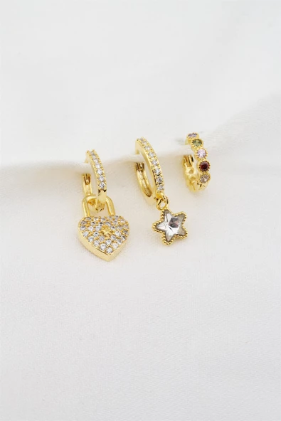 Kadın Altın Kaplama Zirkon Taşlı Kalp ve Yıldız Figürlü 3'lü Küpe Seti - Resim 2