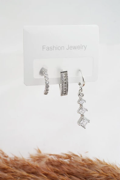 Kadın Altın Kaplama Zirkon Taşlı 3'lü Küpe Seti ürün görseli