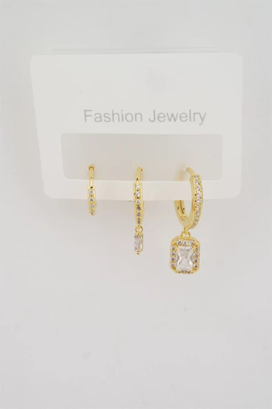 Kadın Altın Kaplama Zirkon Kare Baget Taşlı 3'lü Küpe Seti ürün görseli