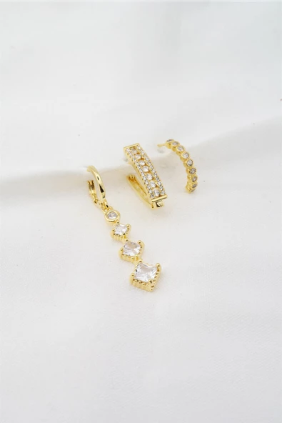 Kadın Altın Kaplama Zirkon Taşlı 3'lü Küpe Seti ürün görseli