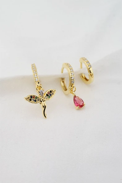 Kadın Altın Kaplama Zirkon Taşlı Melek Figürlü 3'lü Küpe Seti ürün görseli