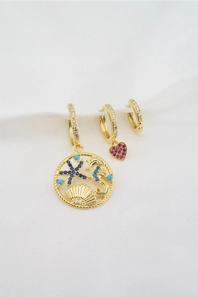 Kadın Altın Kaplama Zirkon Taşlı Deniz Temalı 3'lü Küpe Seti ürün görseli