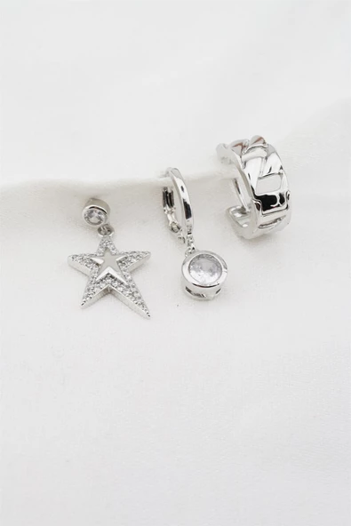 Kadın Altın Kaplama Zirkon Taşlı Yıldız Figürlü 3'lü Küpe Seti - Resim 2