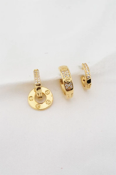 Kadın Altın Kaplama Zirkon Taşlı 3'lü Küpe Seti ürün görseli