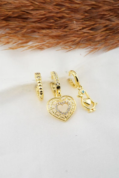 Kadın Zirkon Taşlı Kalp ve Penguen Figürlü 3'lü Küpe Seti ürün görseli