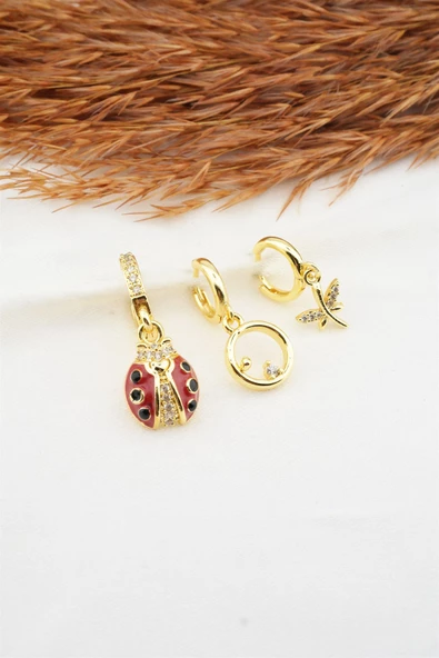 Kadın Zirkon Taşlı Mineli Uğur Böcek Figürlü 3'lü Küpe Seti ürün görseli