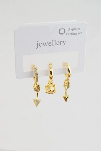 Kadın Zirkon Taşlı Ok Figürlü 3'lü Küpe Seti ürün görseli