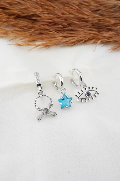 Kadın Zirkon Taşlı Göz Figürlü 3'lü Küpe Seti ürün görseli