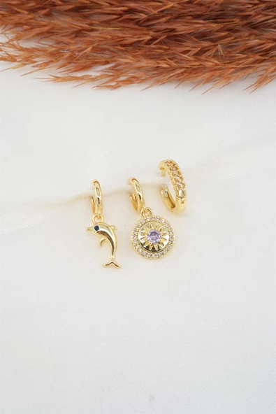 Kadın Zirkon Taşlı Yunus Balığı Figürlü 3'lü Küpe Seti ürün görseli