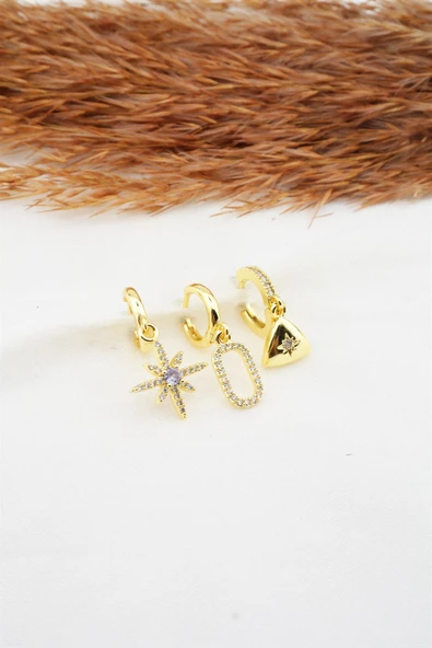 Kadın Zirkon Taşlı Kuzey Yıldızı Figürlü 3'lü Küpe Seti